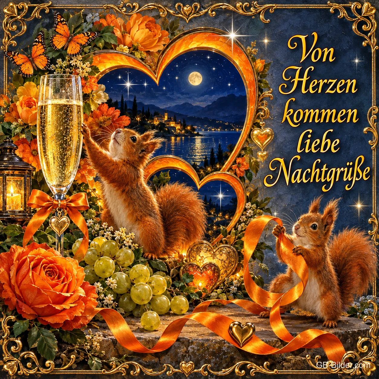 Eichhörnchen zwischen Rosen, Trauben und einem Sektglas vor einem Herzfenster, Text: Von Herzen kommen liebe Nachtgrüße