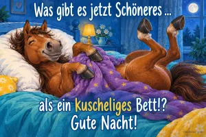 Pferd liegt glücklich unter einer Decke im Bett, Text: Was gibt es jetzt Schöneres … als ein kuscheliges Bett!? Gute Nacht!