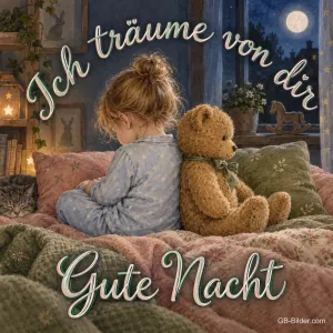 Kind und Teddybär auf dem Bett im Mondschein, Text: Ich träume von dir – Gute Nacht