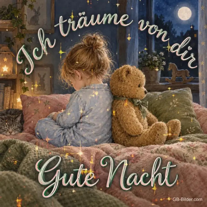 Kind und Teddybär auf dem Bett im Mondschein, Text: Ich träume von dir – Gute Nacht