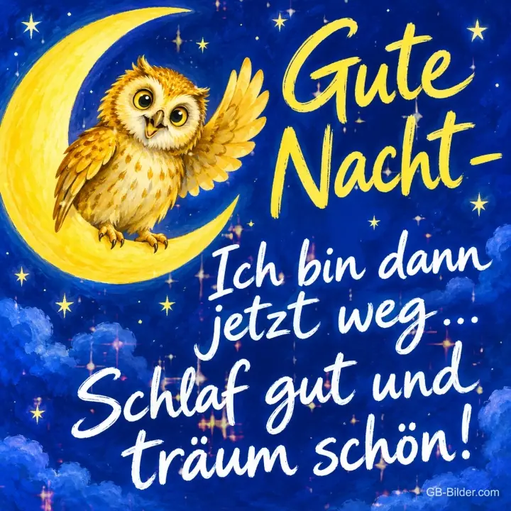 Eule winkt von einer Mondsichel unter dem Sternenhimmel, Text: Gute Nacht – Ich bin dann jetzt weg … Schlaf gut und träum schön!