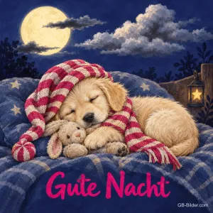 Schlafender Welpe mit Zipfelmütze und Stoffhase, Text: Gute Nacht
