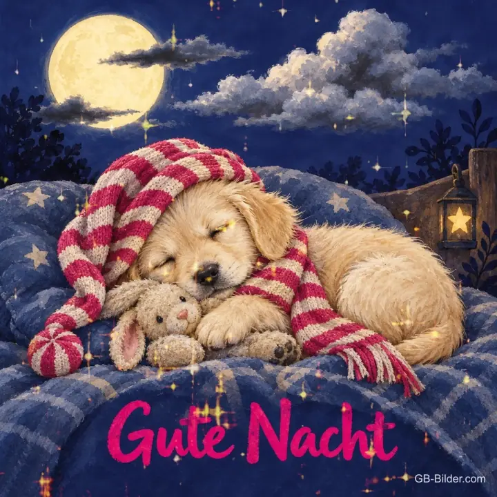 Schlafender Welpe mit Zipfelmütze und Stoffhase, Text: Gute Nacht