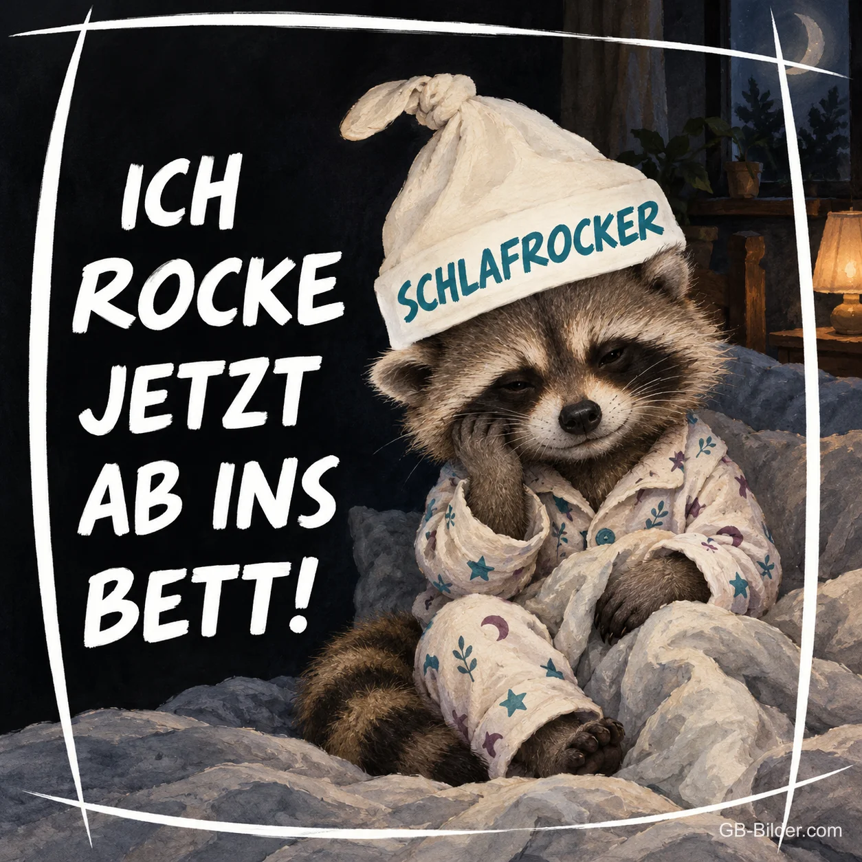 Waschbär im Schlafanzug, lustiger Spruch, Text: ICH ROCKE JETZT AB INS BETT