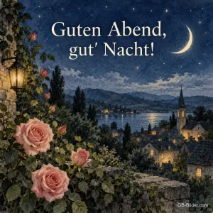 Rosen über einem Dorf am See bei Mondsichel, Text: Guten Abend, gut' Nacht!