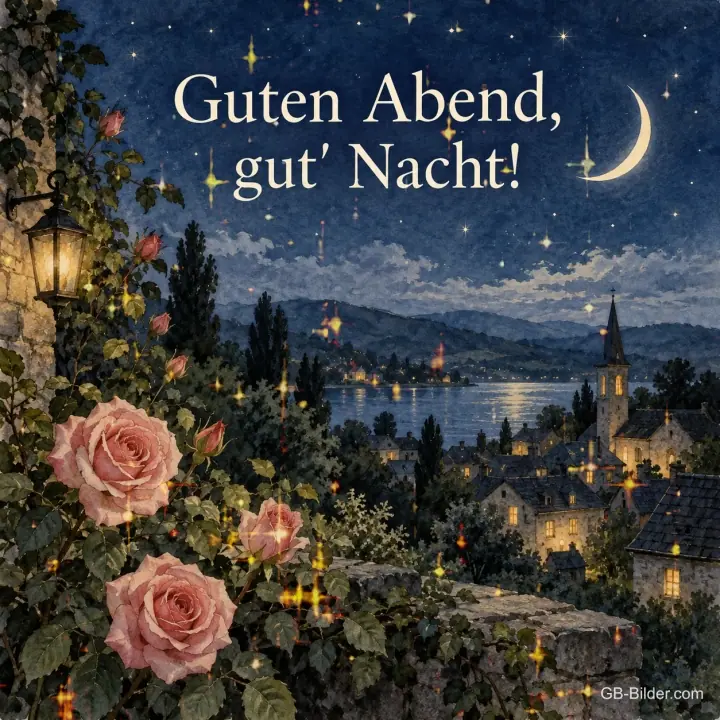 Rosen über einem Dorf am See bei Mondsichel, Text: Guten Abend, gut' Nacht!