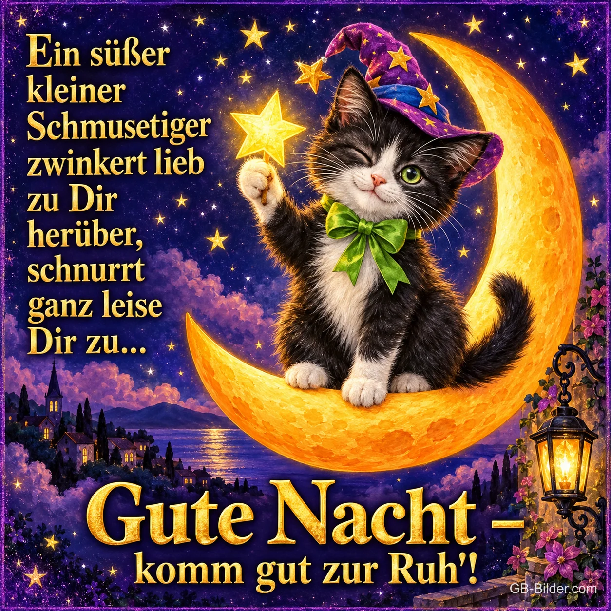 Kätzchen mit Zauberhut und Stern zwinkert auf einer Mondsichel, Text: Ein süßer kleiner Schmusetiger zwinkert lieb zu Dir herüber, schnurrt ganz leise Dir zu... Gute Nacht – komm gut zur Ruh'!