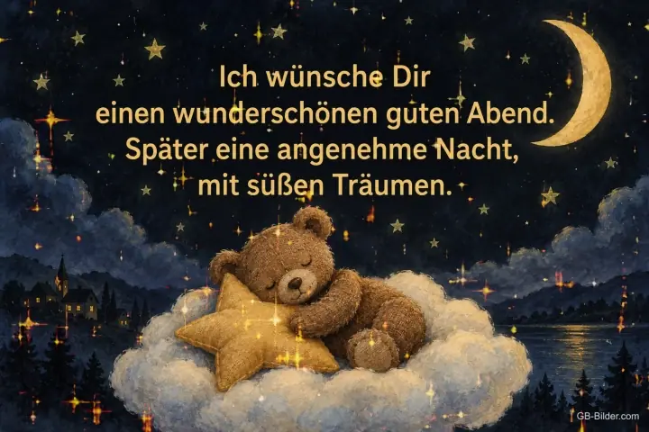 Teddybär schläft auf einer Wolke mit Stern, Text: Ich wünsche dir einen wunderschönen guten Abend. Später eine angenehme Nacht.