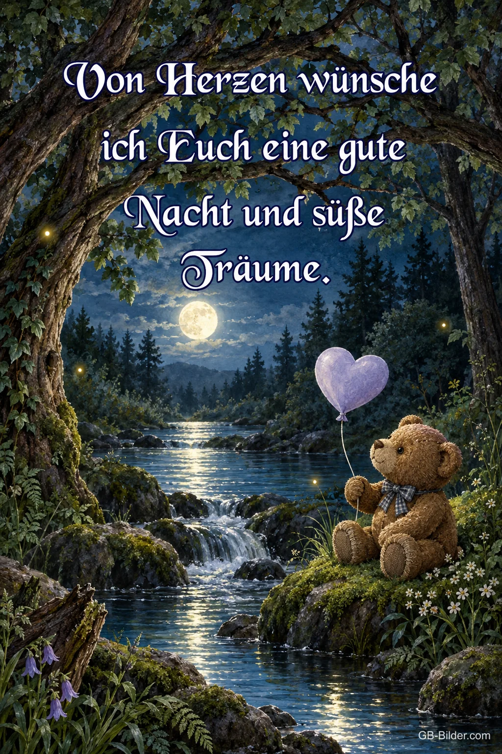 Teddybär mit Herzballon am Bach, Text: Von Herzen wünsche ich Euch eine gute Nacht und süße Träume