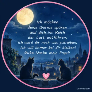 Zwei Katzen auf einer Mauer im Vollmond, Text: Ich will immer bei dir bleiben! Gute Nacht mein Engel!