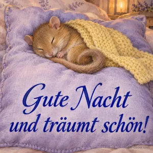 Schlafende Haselmaus auf lila Kissen, Text: Gute Nacht und träumt schön!