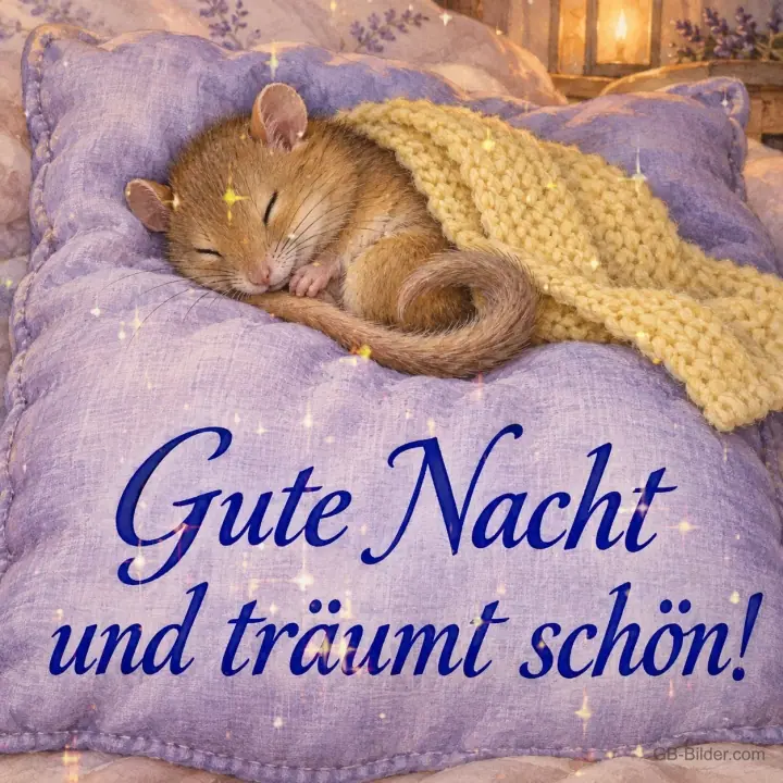Schlafende Haselmaus auf lila Kissen, Text: Gute Nacht und träumt schön!