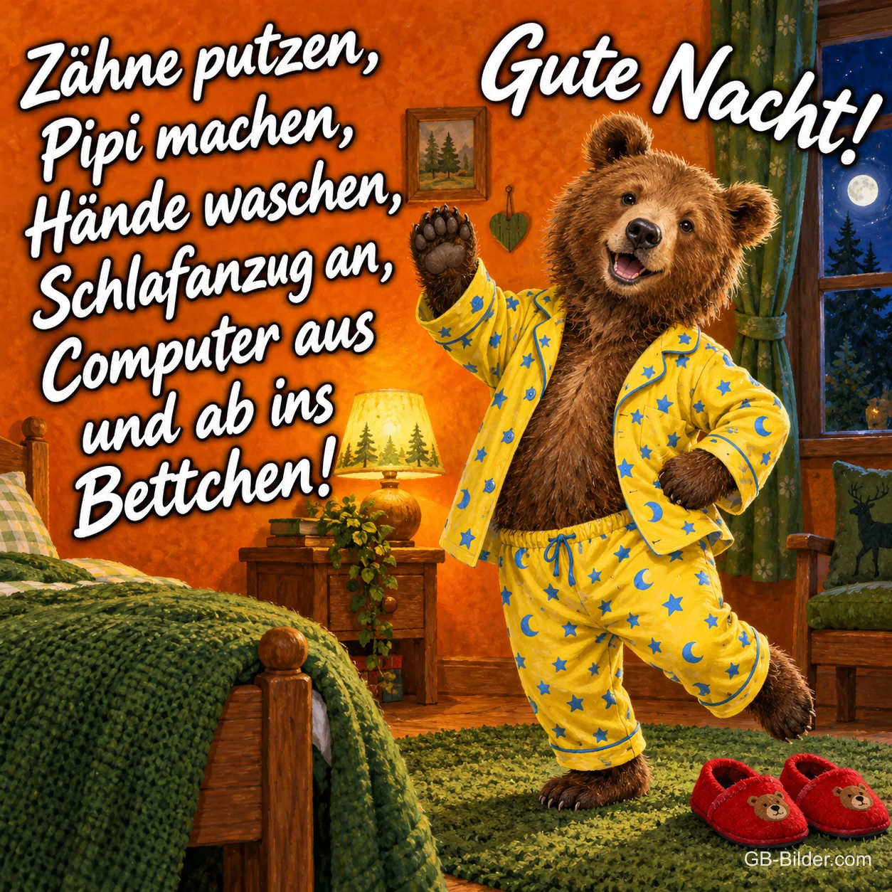 Bär im gelben Schlafanzug tanzt im Schlafzimmer, Text: Zähne putzen, Pipi machen, Hände waschen, Schlafanzug an, Computer aus und ab ins Bettchen! Gute Nacht!