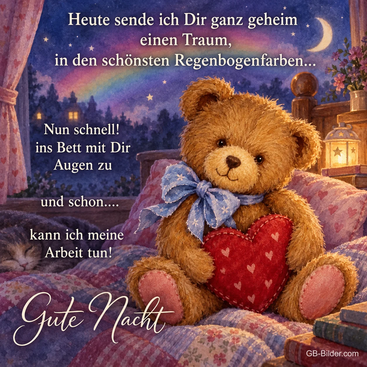 Teddybär mit Herz, Text: Heute sende ich Dir ganz geheim einen Traum, in den schönsten Regenbog