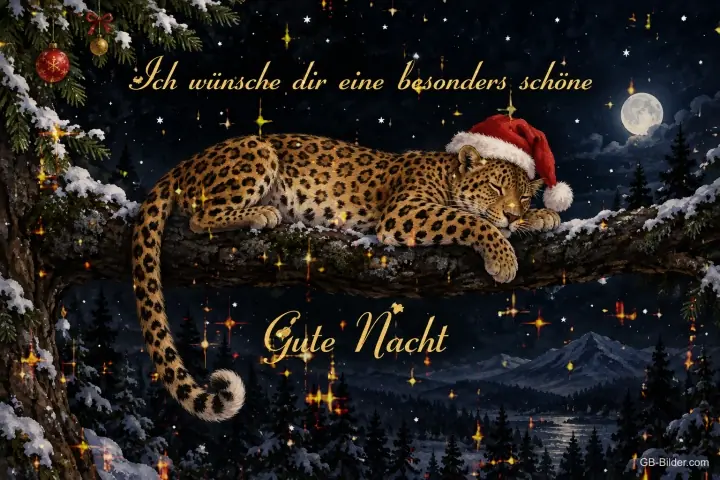Schlafender Leopard mit Weihnachtsmütze auf einem Ast, Text: Ich wünsche dir eine besonders schöne Gute Nacht