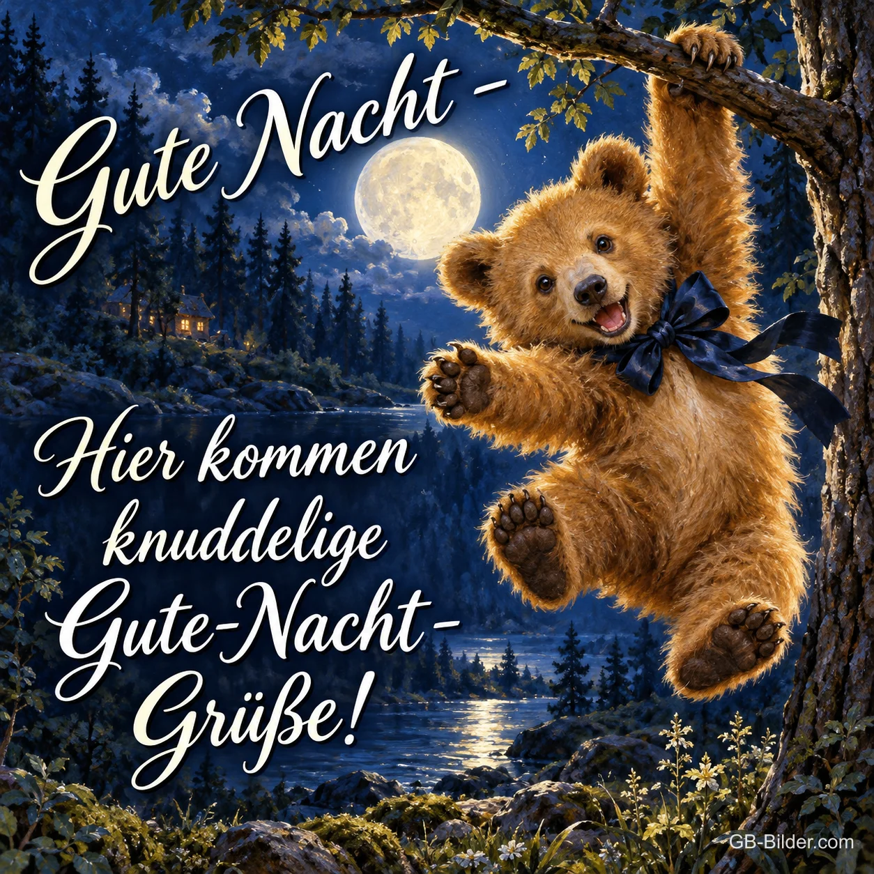 Bärenjunges hängt fröhlich an einem Ast vor dem Vollmond, Text: Gute Nacht – Hier kommen knuddelige Gute-Nacht-Grüße!