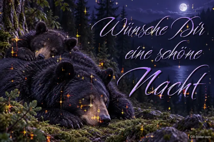 Schlafende Bärenmutter mit Jungem im Wald, Text: Wünsche Dir eine schöne Nacht