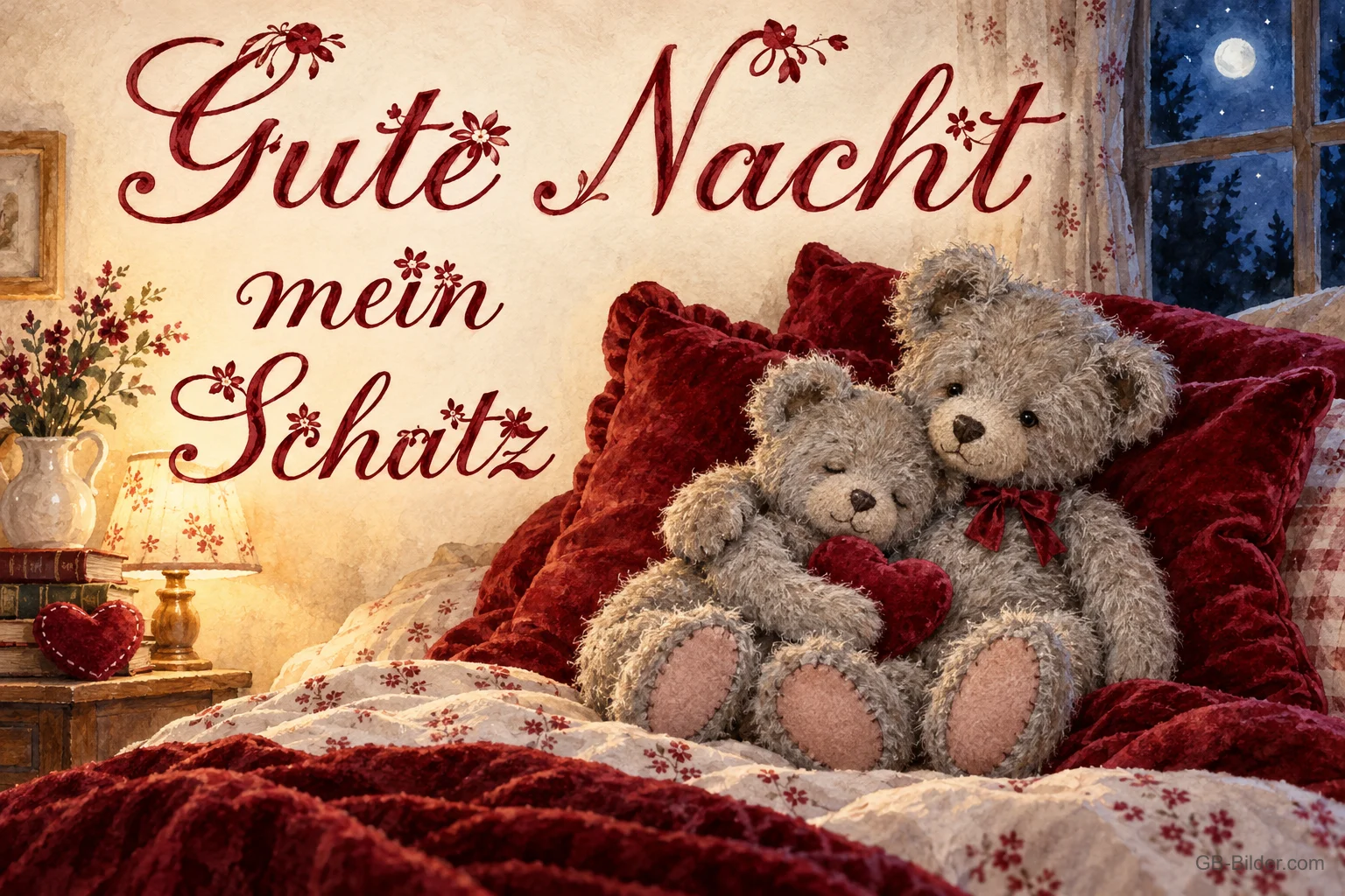 Kuschelnde Teddybären, Text: Gute Nacht mein Schatz