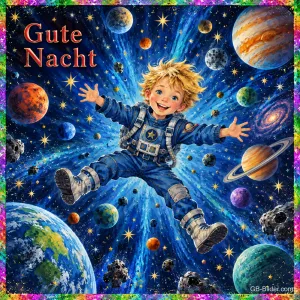 Fröhlicher Junge im Raumanzug schwebt zwischen bunten Planeten und Sternen, Text: Gute Nacht