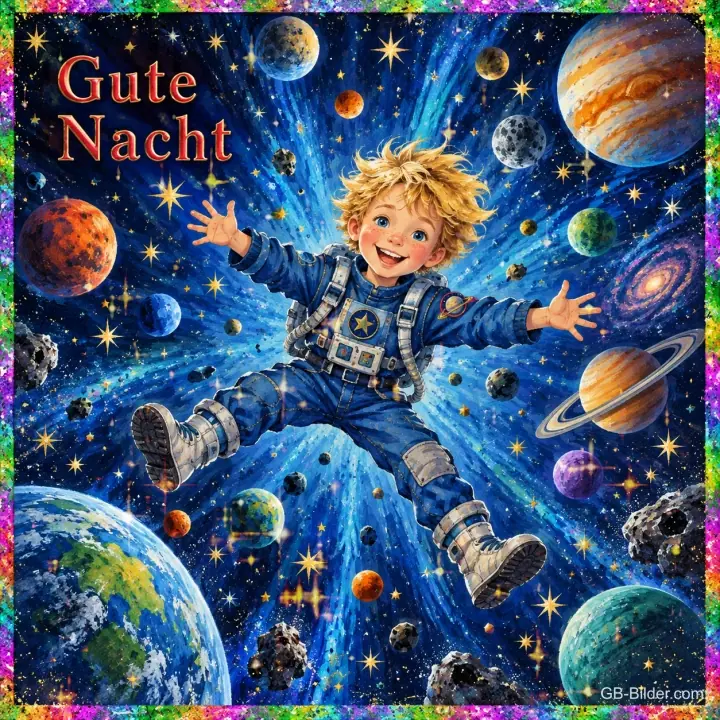 Fröhlicher Junge im Raumanzug schwebt zwischen bunten Planeten und Sternen, Text: Gute Nacht