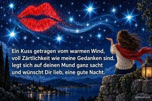Kussmund fliegt über den Sternenhimmel, eine Frau schaut ihm nach, Text: Ein Kuss getragen vom warmen Wind, voll Zärtlichkeit wie meine Gedanken sind, legt sich auf deinen Mund ganz sacht und wünscht Dir lieb, eine gute Nacht.
