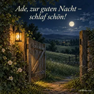 Gartentor mit Laterne bei Vollmond, Text: Ade, zur guten Nacht – schlaf schön!
