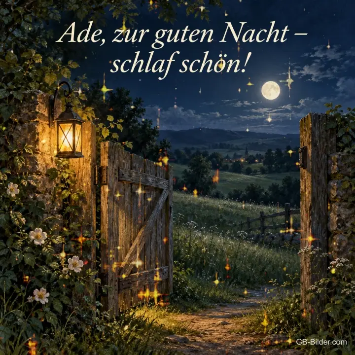 Gartentor mit Laterne bei Vollmond, Text: Ade, zur guten Nacht – schlaf schön!