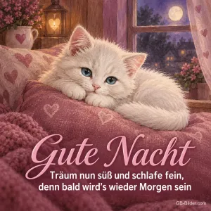 Weißes Kätzchen auf Kissen, Text: Gute Nacht