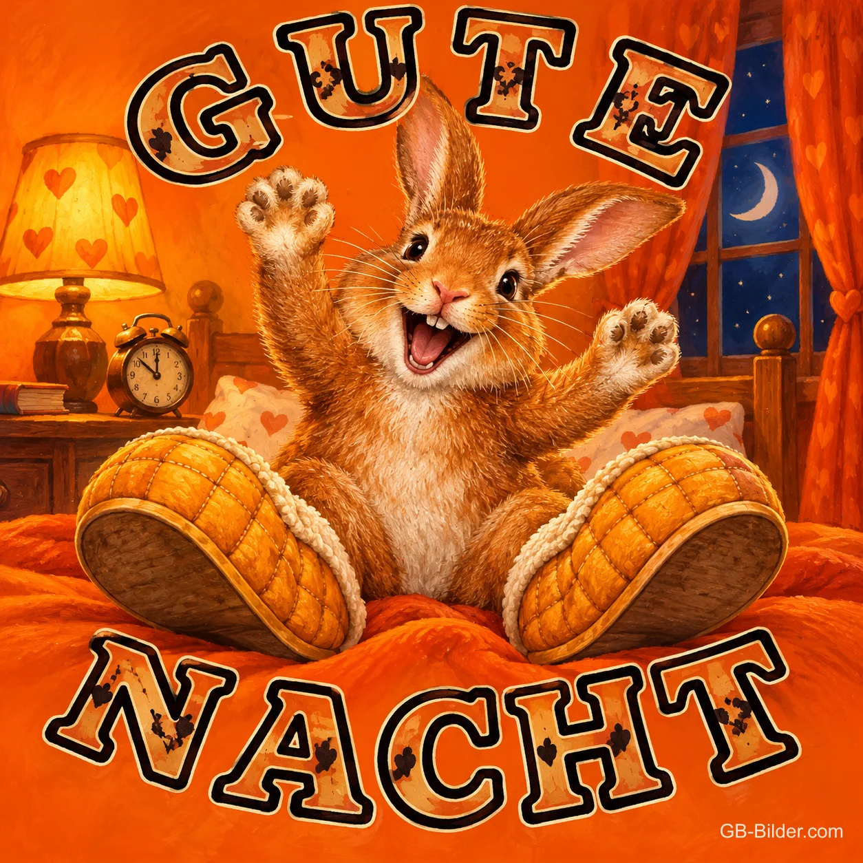 Hase mit Hausschuhen reißt jubelnd die Pfoten im Bett hoch, Text: GUTE NACHT
