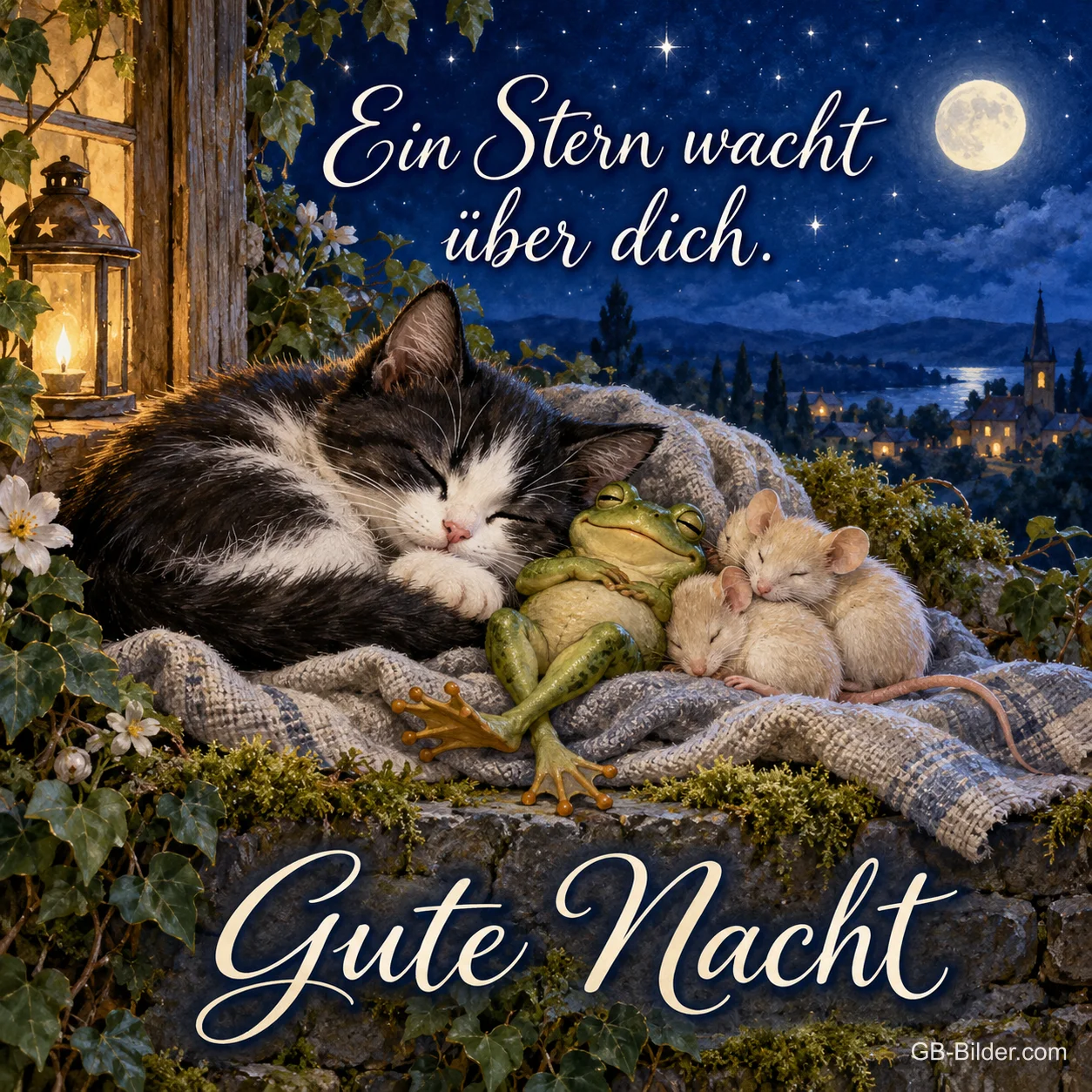 Katze, Frosch und Mäuse schlafen zusammen auf einer Decke am Fenster, Text: Ein Stern wacht über dich. Gute Nacht