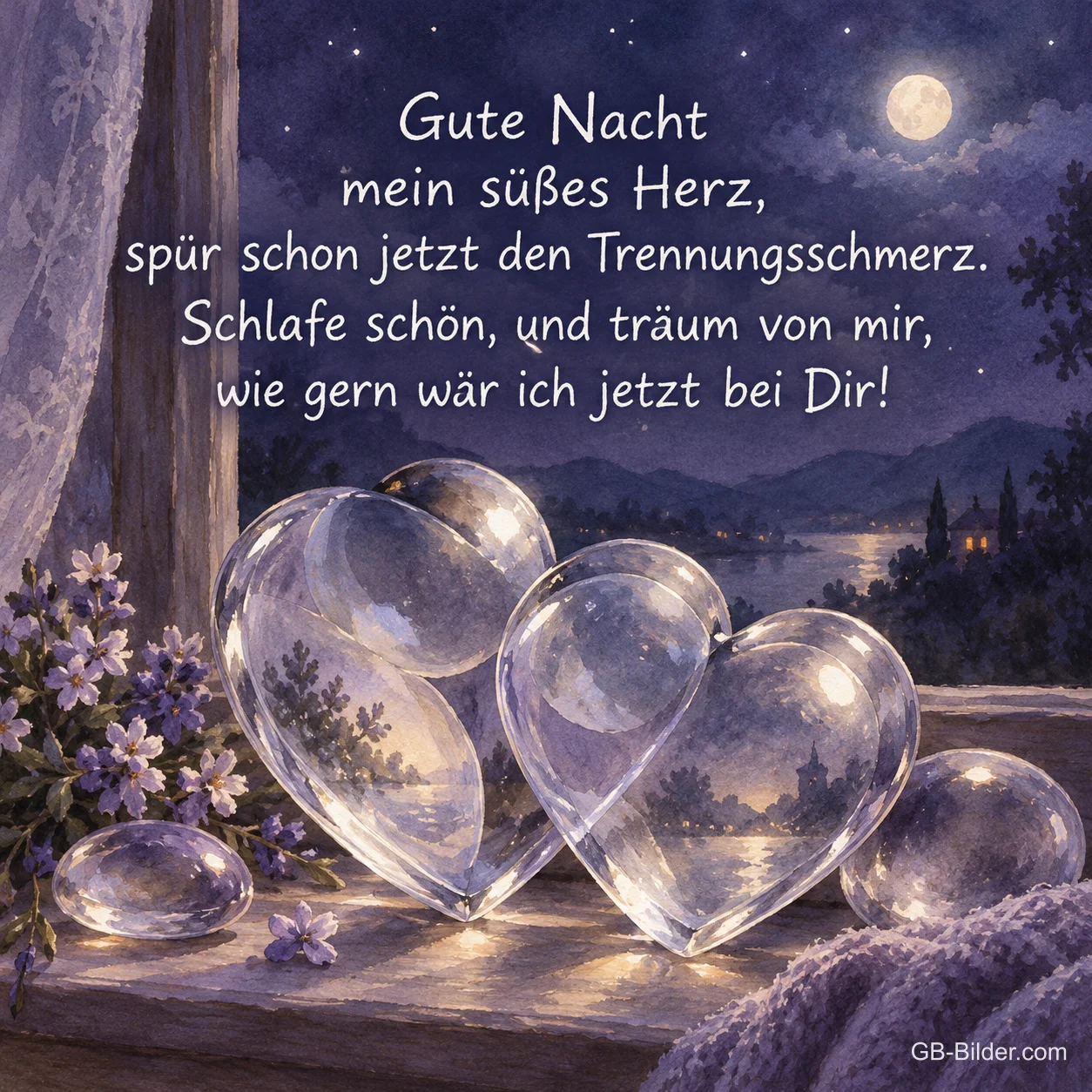 Gläserne Herzen am Fenster, Text: Gute Nacht mein süßes Herz, spür schon jetzt den Trennungsschmerz