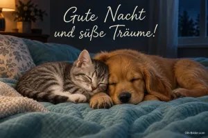 Kätzchen und Welpe schlafen, Text: Gute Nacht und süße Träume