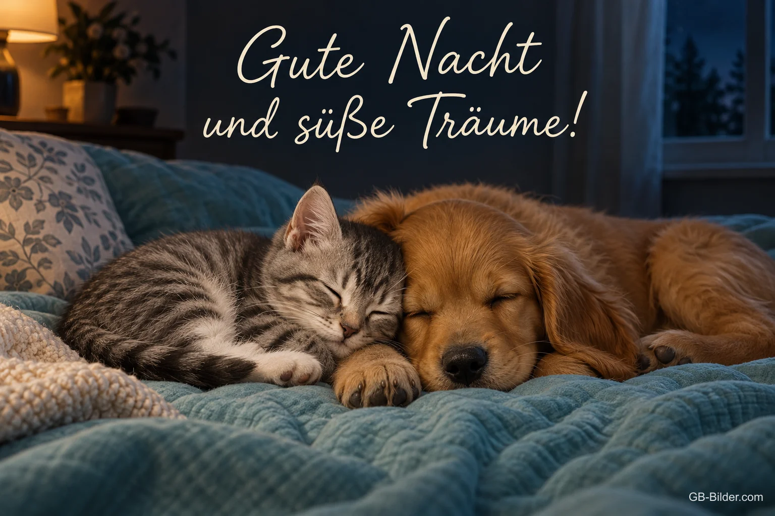 Kätzchen und Welpe schlafen, Text: Gute Nacht und süße Träume