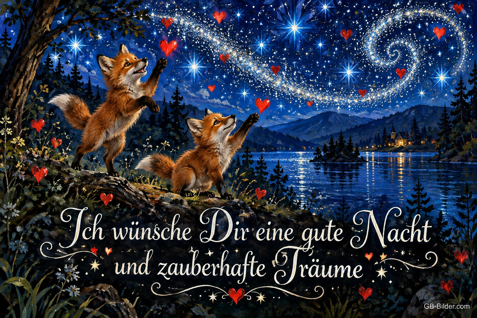 Zwei Füchse greifen nach Herzen unter dem Sternenhimmel am See, Text: Ich wünsche Dir eine gute Nacht und zauberhafte Träume