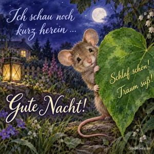 Maus schaut hinter einem großen Blatt hervor im Mondlicht, Text: Ich schau noch kurz herein … Gute Nacht! Schlaf schön! Träum süß!