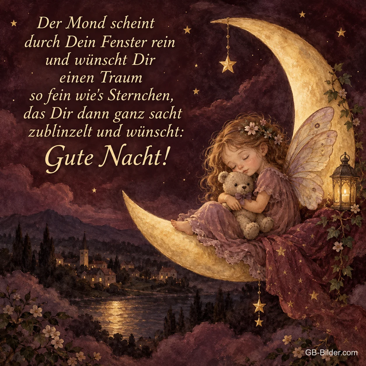 Fee mit Teddy auf der Mondsichel, Text: Der Mond scheint durch Dein Fenster rein und wünscht Dir einen Traum s