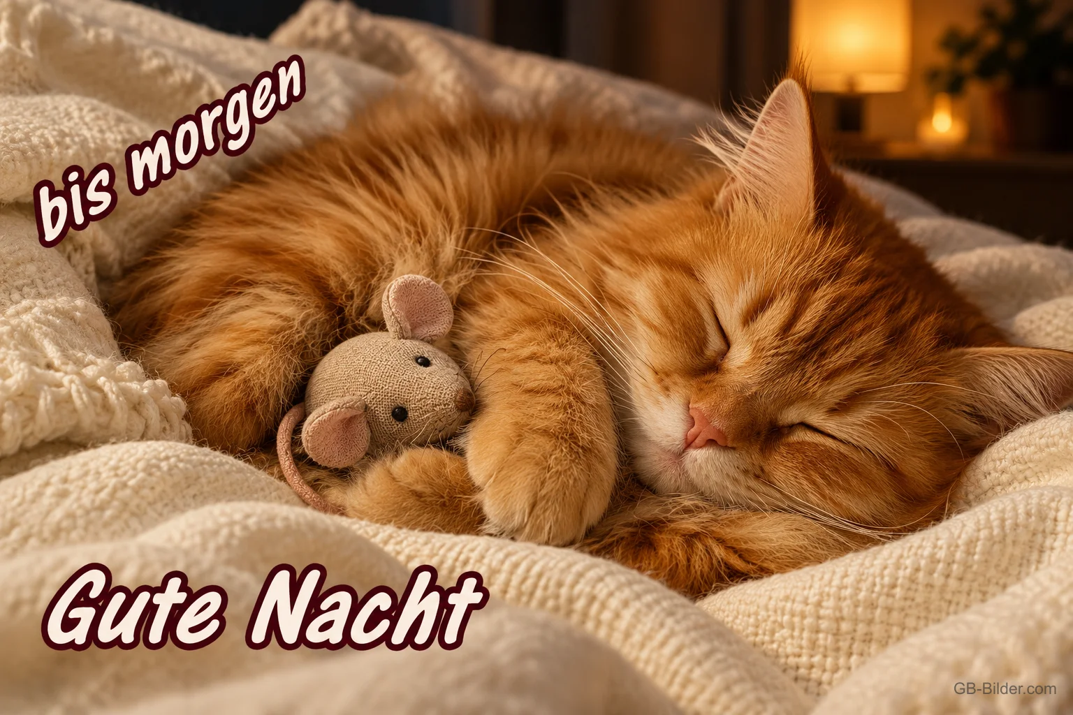 Schlafende Katze mit Stoffmaus, Text: bis morgen