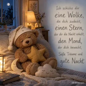 Teddybär mit Stern im Bett, Text: Ich schicke dir eine Wolke, die dich zudeckt, einen Stern, der dir die