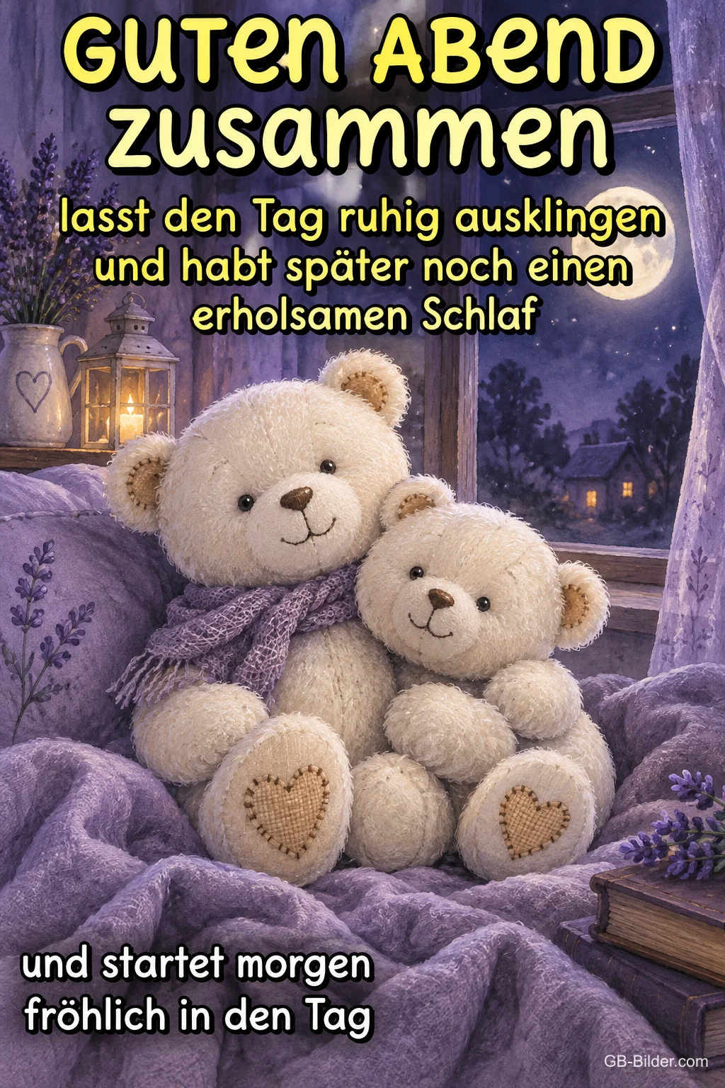 Kuschelnde Teddybären, Text: GUTEN ABEND ZUSAMMEN