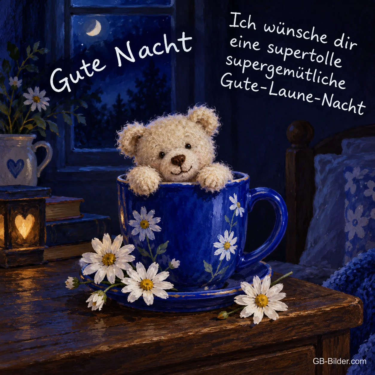 Teddybär in blauer Tasse, Text: Gute Nacht