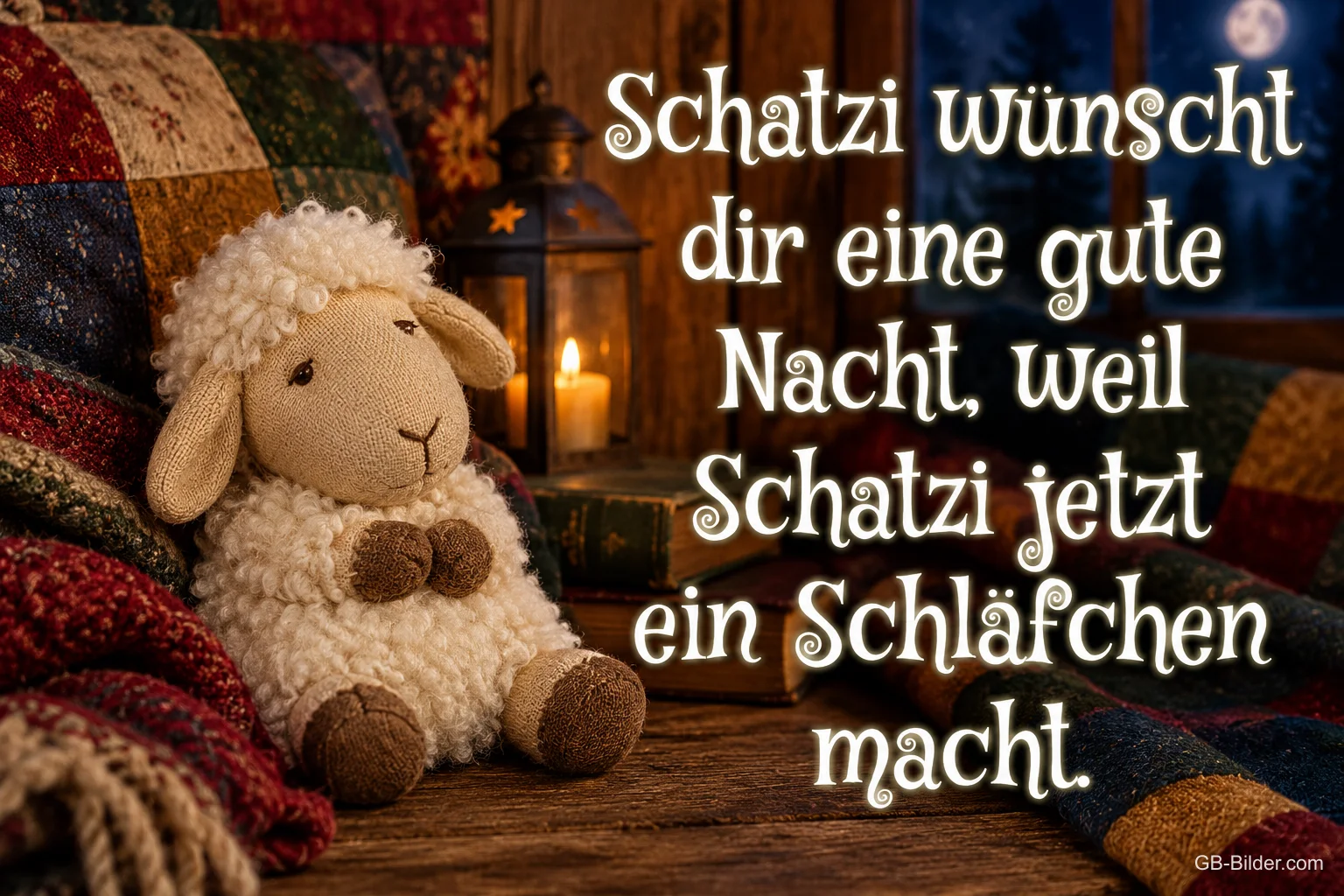 Stoffschaf auf der Decke, Text: Schatzi wünscht dir eine gute Nacht, weil Schatzi jetzt ein Schläfchen