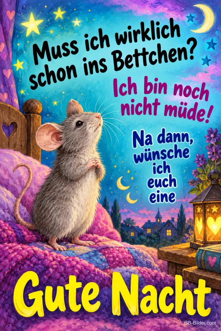 Maus steht auf dem Bett und schaut zum Mond, Text: Muss ich wirklich schon ins Bettchen? Ich bin noch nicht müde! Na dann, wünsche ich euch eine Gute Nacht