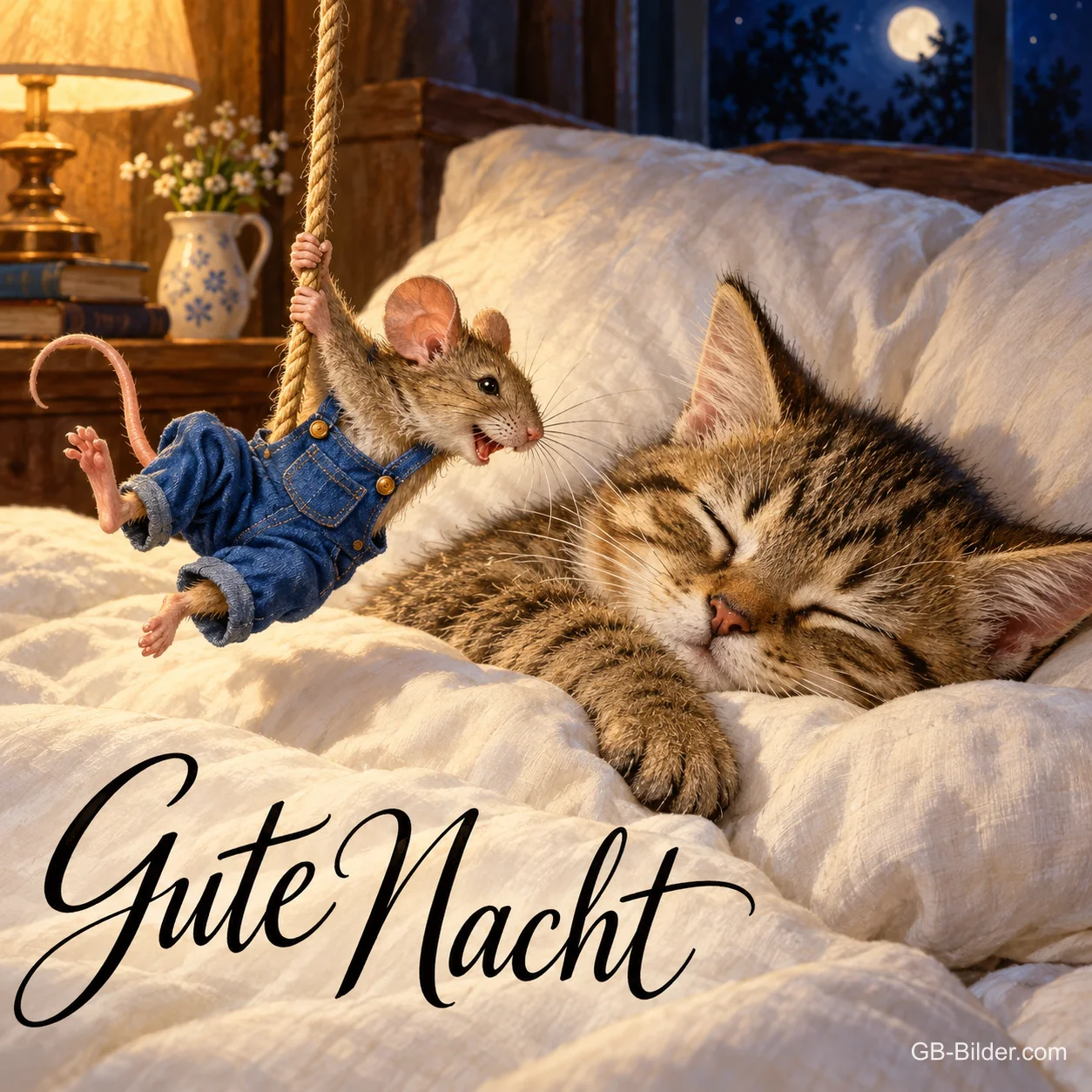 Maus schaukelt am Seil über einem schlafenden Kätzchen, Text: Gute Nacht