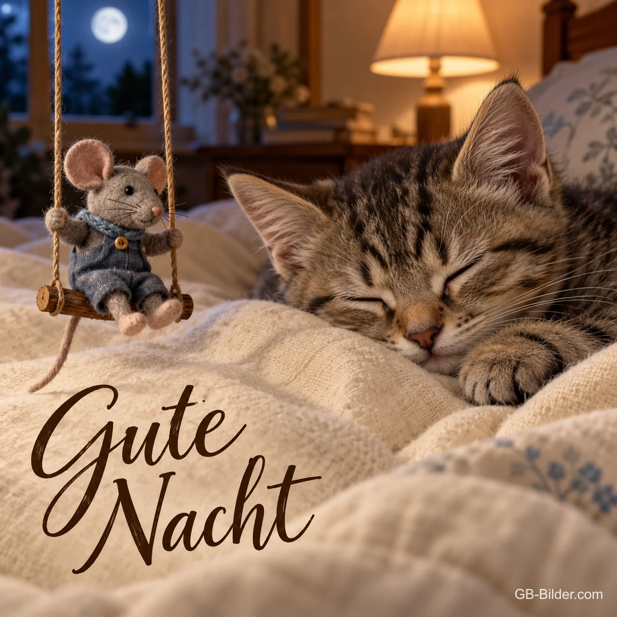 Kätzchen schläft im Bett, darüber schaukelt eine Stoffmaus, Text: Gute Nacht