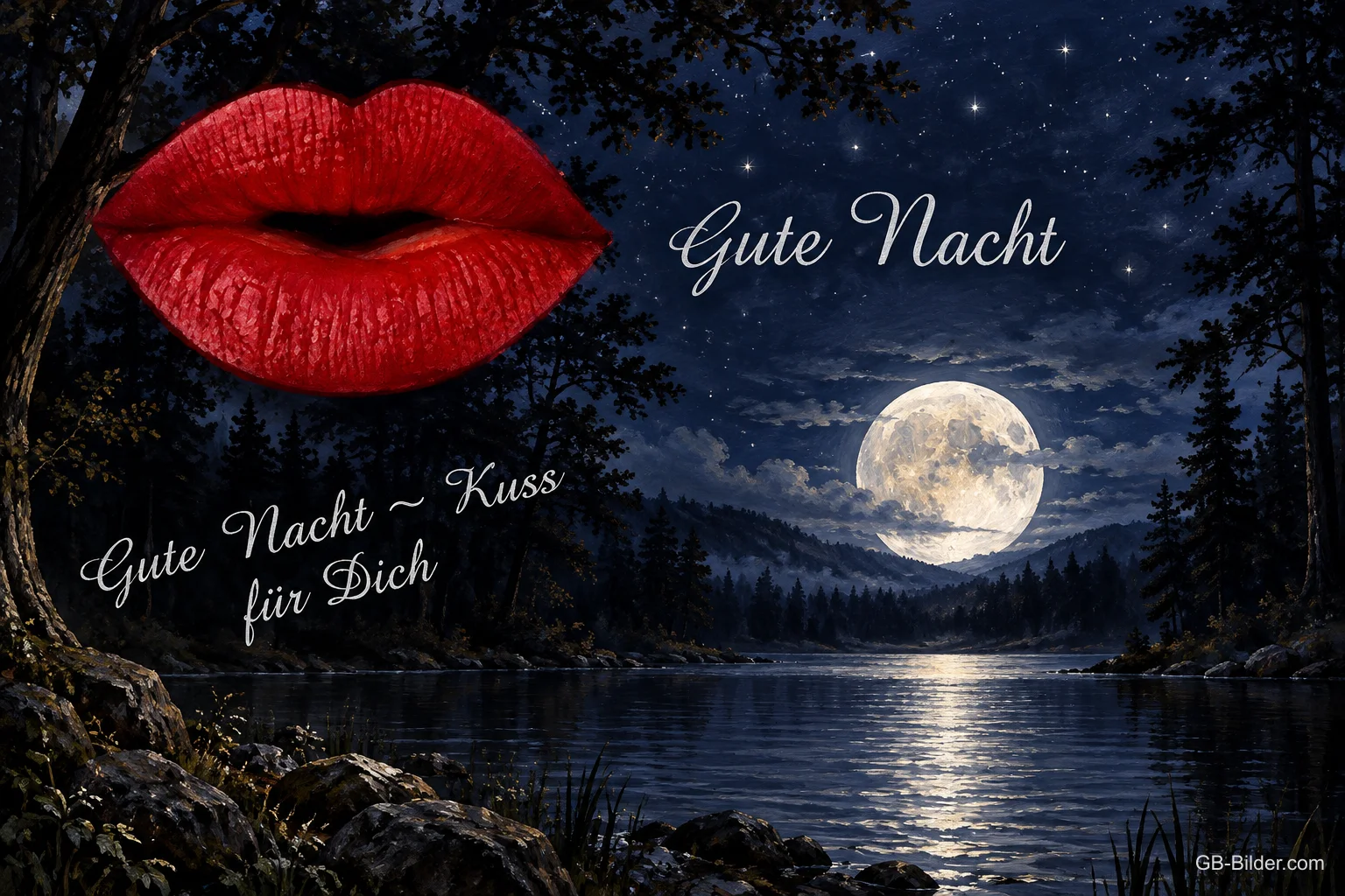 Kussmund über dem See bei Vollmond, Text: Gute Nacht
