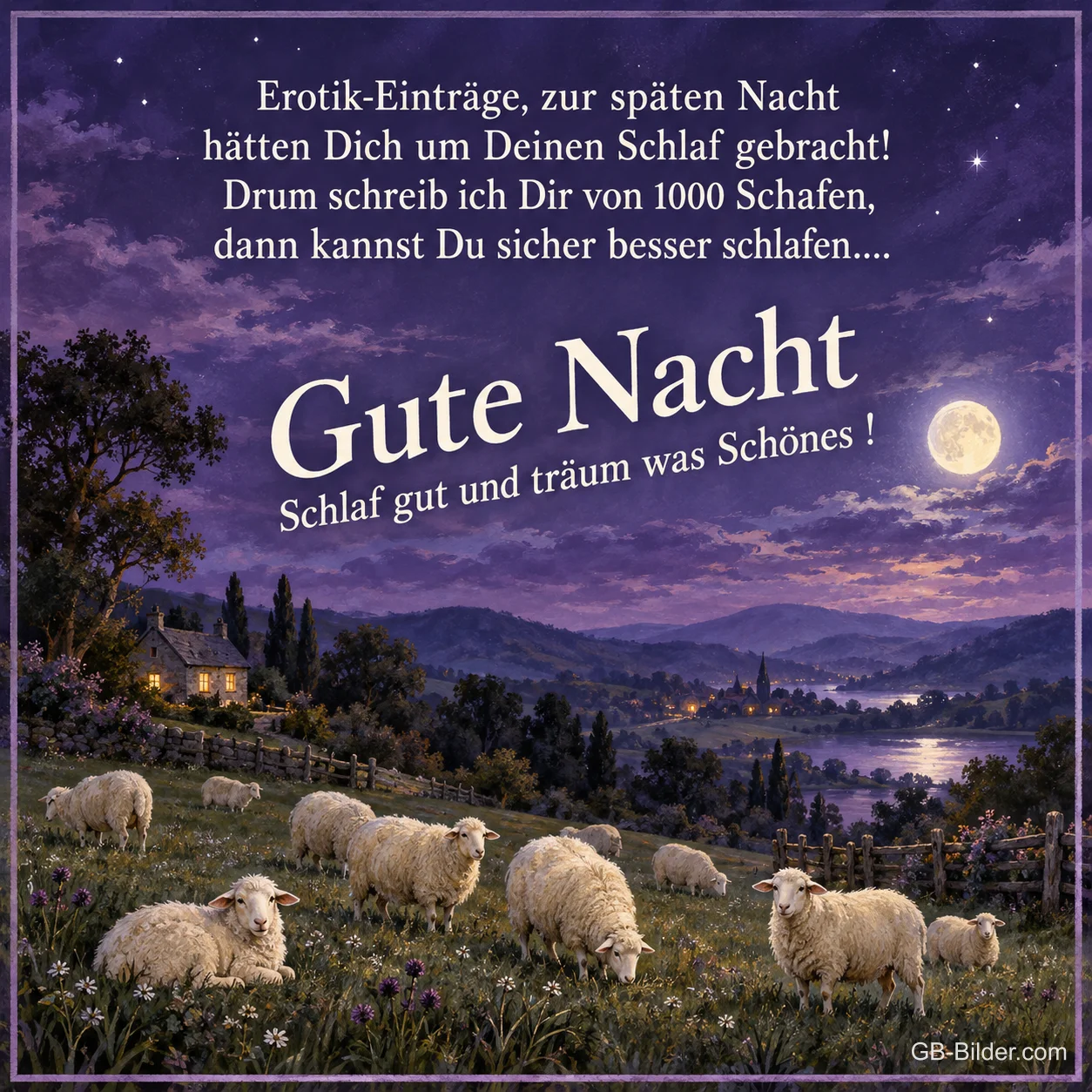 Schafe bei Vollmond, lustiger Gute-Nacht-Spruch, Text: Erotik-Einträge, zur späten Nacht hätten Dich um Deinen Schlaf gebrach