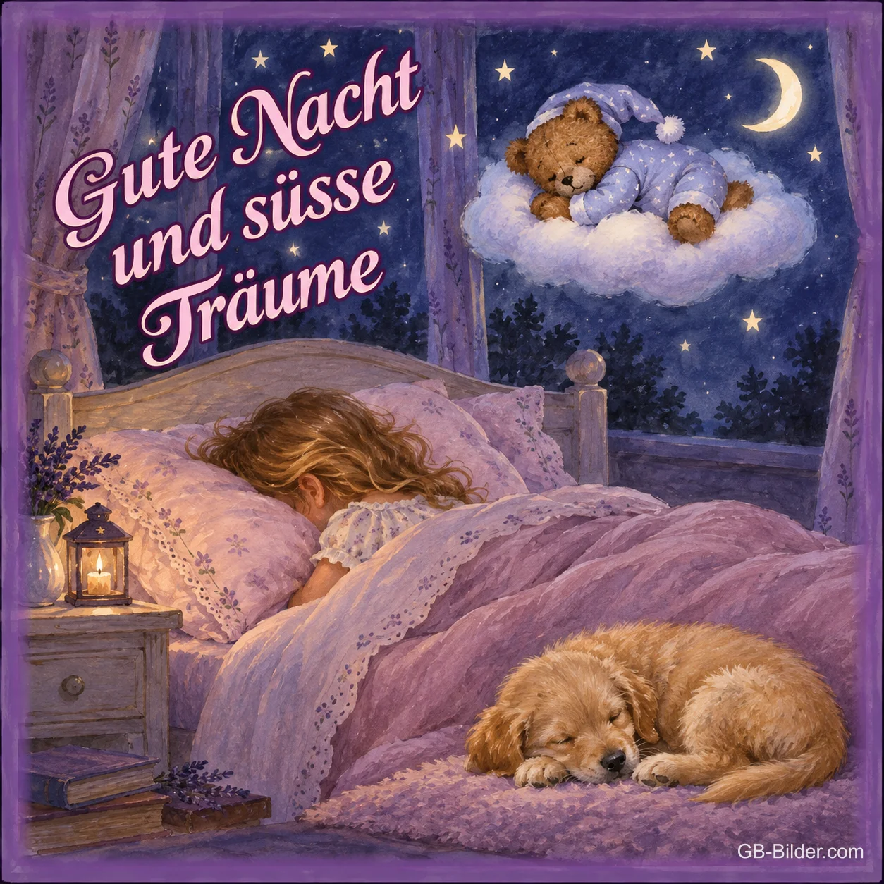 Schlafendes Mädchen mit Hund, Text: Gute Nacht und süsse Träume