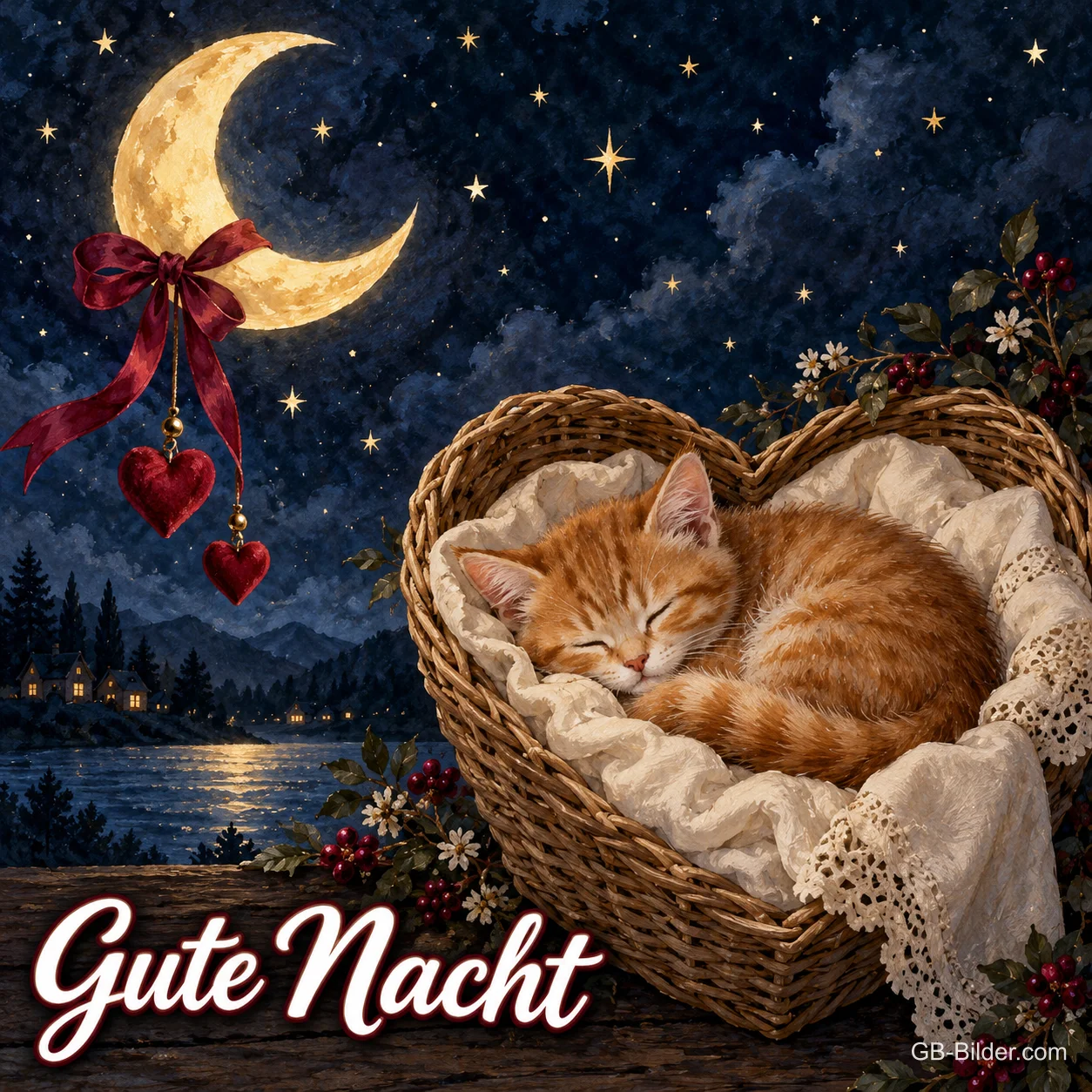 Schlafendes Kätzchen im Herzkorb, Text: Gute Nacht