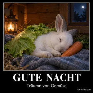 Schlafendes Kaninchen mit Salat, Text: GUTE NACHT
