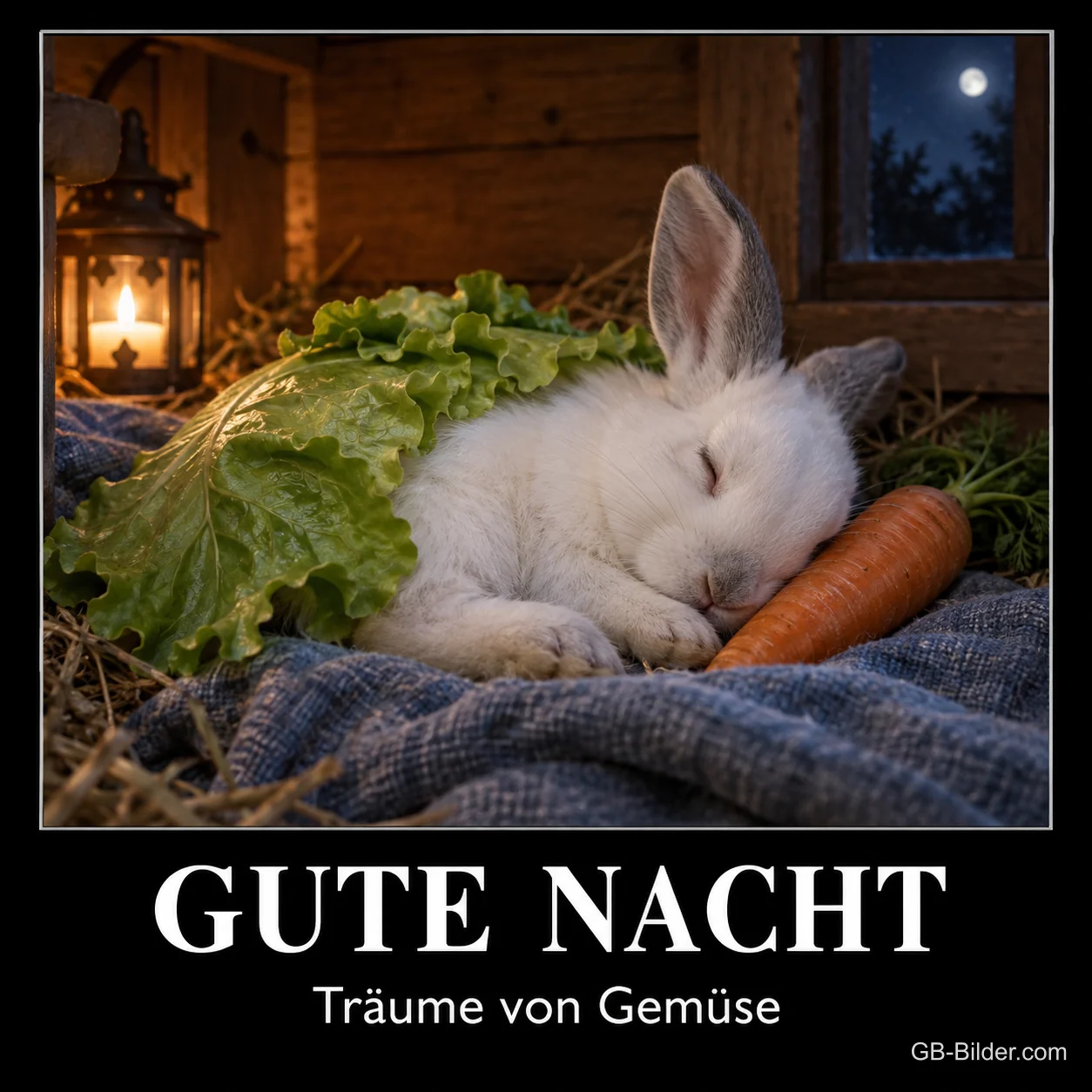 Schlafendes Kaninchen mit Salat, Text: GUTE NACHT